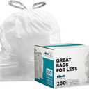Plasticplace Custom Fit Trash Bags, Compatible with Simplehuman Code L (200 Count) White Drawstring Garbage Liners 4.8 Gallon / 18 Liters, 16.75" x 24.5"