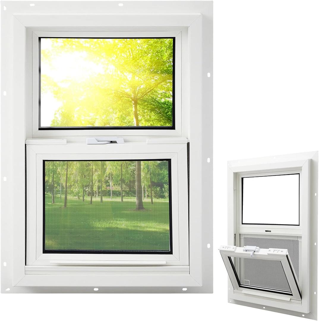 Pushglossy 14" x 21" Mobile Home Window Insulated Vinyl Low E Mobile Home Windows Replacement, Lower Tilt Sash Screen Included, Clear Double Pane Glass, Single Hung for House Basement Parts, White