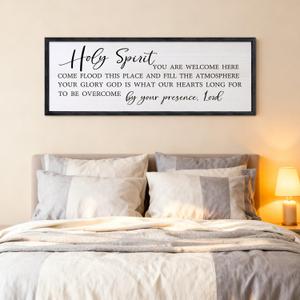 Foutcheou Christian Inspirational Wall Decor Holy Spirit You are Welcome Here Sign 32" x 12" Scripture Quote Faith-Inspired Bible Verse Prayer Space for Bedroom Living Room Wall Art (Black)