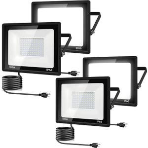 4Pack LED Flood Light Outdoor,100W LED Work Light 11000lm with 6FT US Plug,IP66 Waterproof Exterior Security Lights,6000K Daylight White Outside Floodlights Slim Design for Playground Yard