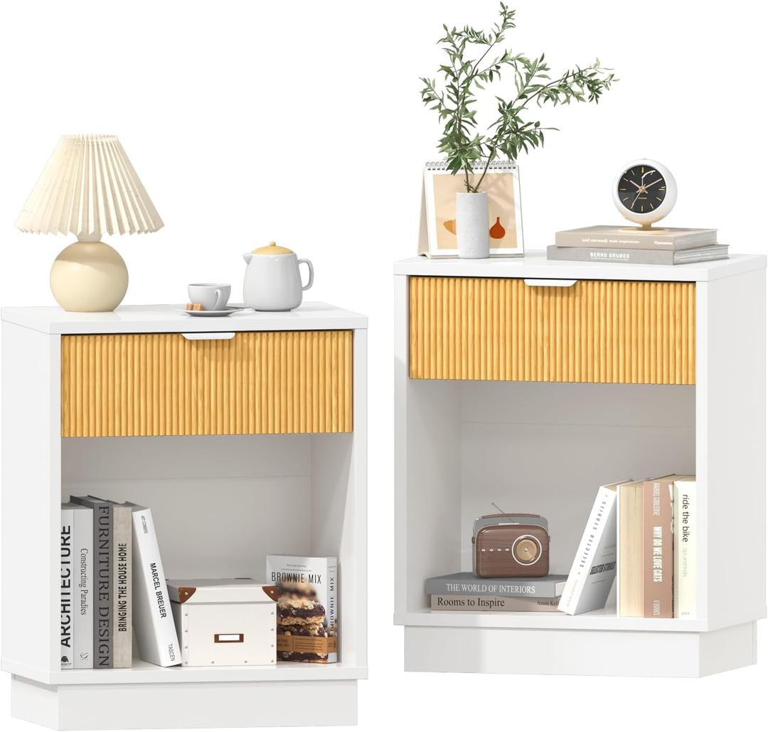 Fluted Night Stand Set 2, Large Wood Bedside Table Set of 2 Nightstands Set of 2 with Drawer and Storage Shelf for Bedroom, Small Spaces