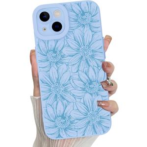 MZELQ for iPhone 15 Case, Silicone Floral Flowers Sunflowers Cute Pattern, Camera Protection Soft Slim Phone Cover for Girls Women -Blue