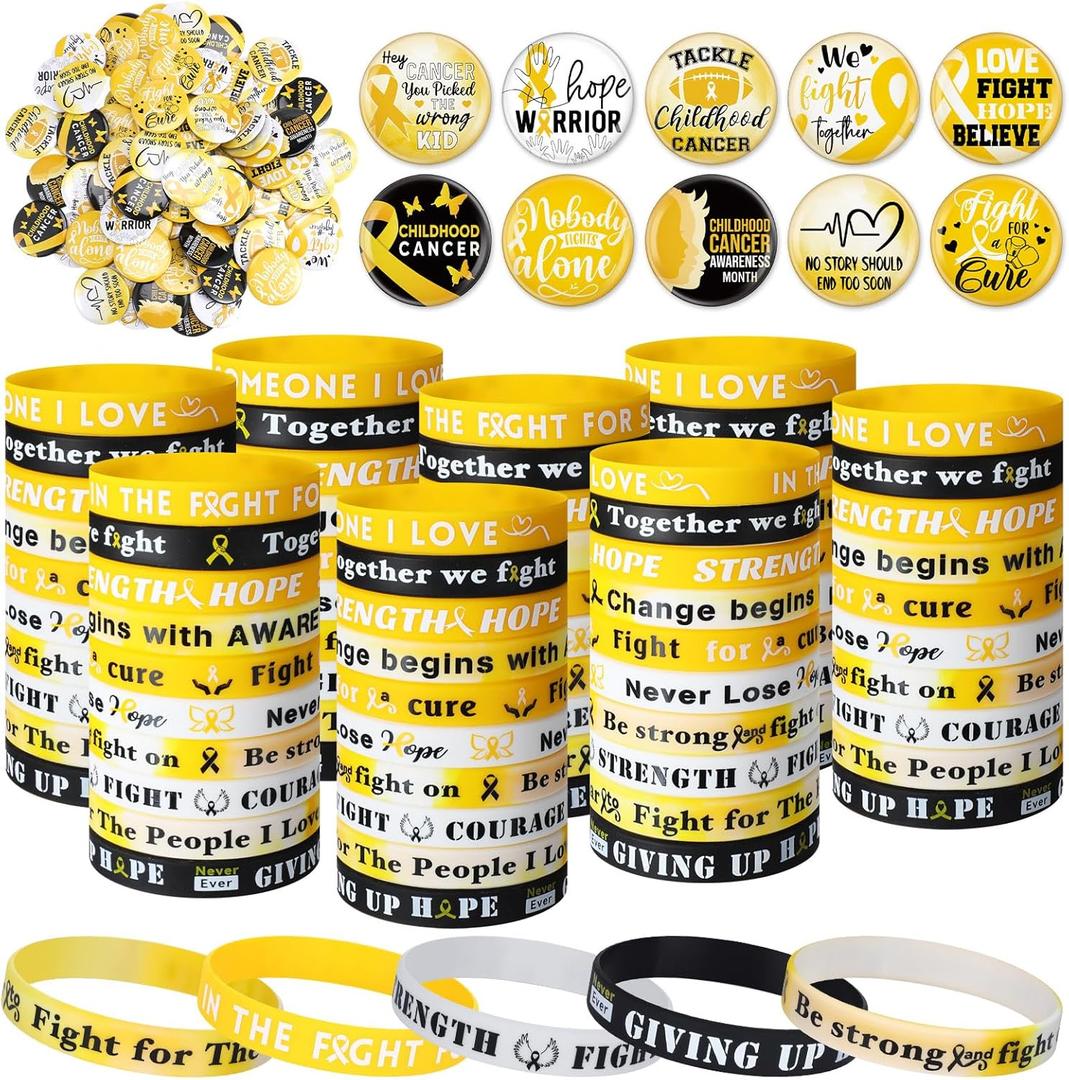 Remuuly 200 Pcs Childhood Cancer Awareness Gold Ribbon Accessories Bulk Include 100 Silicone Bracelet 100 Inspirational Pin for Charity Public Party Activities