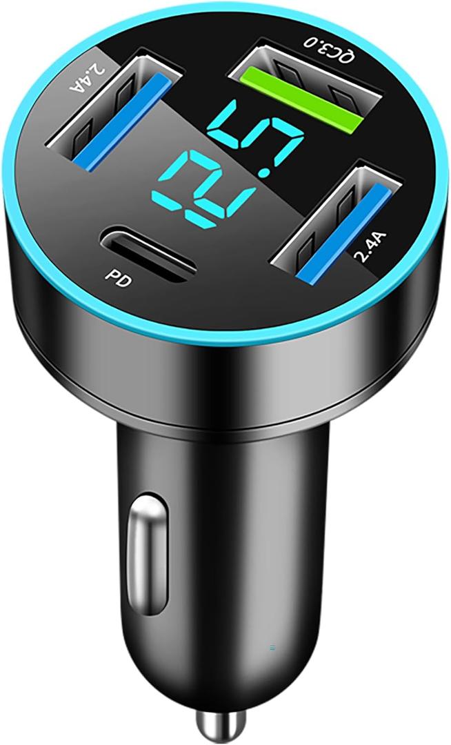 USB C Car Charger, 4-Port Cigarette Lighter USB Charger Adapter with Voltmeter PD 3.0 & QC 3.0 Car USB Adapter Multi Port Type-c Accessories Fast Charging for iPhone, Samsung, iPad & Phone Tablets (PD+3USB)