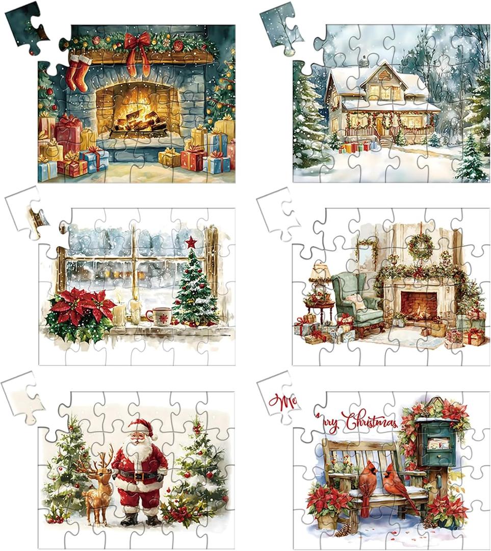 Halloscume 6 Pack 144 Large Piece Christmas Dementia Puzzle for Seniors Santa Claus Snow Cabin Fireplace Memory Paper Jigsaw Puzzles Game for Elderly Adults