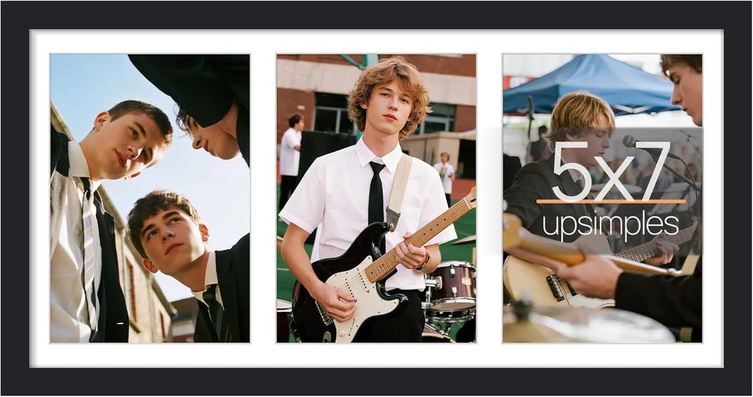 upsimples 8x16 Collage Picture Frame, Display Pictures 3 5x7 with Mat or 8x16 Without Mat, Wall Hanging 3 5x7 Picture Frame Collage Wall Decor, Black, 1 Pack