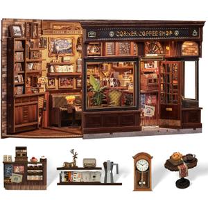 Cutefun Book Nook Kit - DIY Miniature Coffee Shop Booknook Kits for Adults and Teens, 3D Wooden Puzzle Bookend Bookshelf with LED Light, Creative Crafts Gifts for Book Lovers (Corner Coffee Shop), 1:12