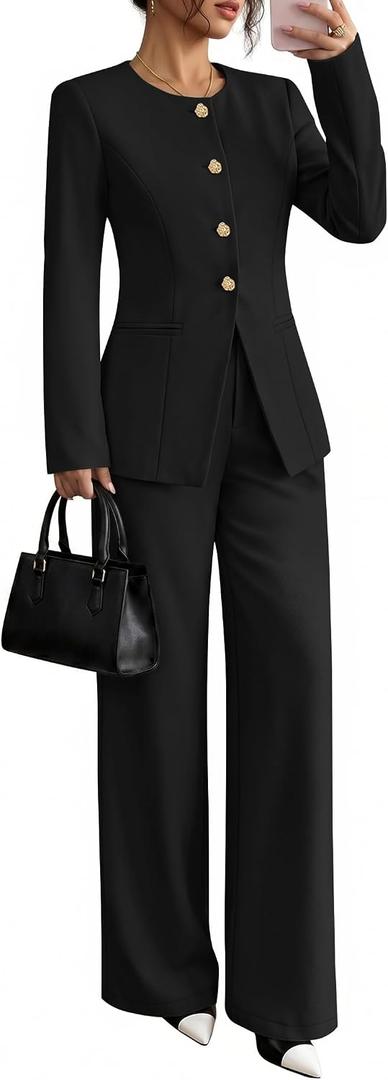 ZESICA Women's 2026 Spring Two Piece Suits Set Casual Business Long Sleeve Blazer Jacket Wide Leg Pants Work Outfits Sets (Black, XL)