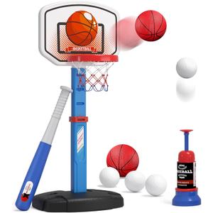 HYES 2 in 1 Kids Basketball Hoop and T Ball Set - Adjustable Height, Kids Baseball Tee with Automatic Pitching Machine, Indoor Outdoor Sport Toys Gifts for Toddler Boys Girls Age 1-5, Blue