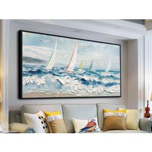Enartly 3D Textured Waves Sailboat Framed Wall Art, Ocean Coastal Beach Canvas Painting Nautical Artwork for Living Room Bedroom Dining Room Home Office Wall Decor, 40"x20"
