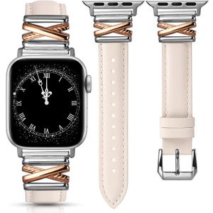 Minyee Leather Band Compatible with Apple Watch 42/41/40/38/44/45/46/49mm Women,Dressy Slim Premium Leather Strap with Designer X-Shape Metal Buckle for iWatch Series 11 10 9 8 7 6 5 4 SE/Ultra 3 2 1 (Starlight/Rose Gold&Silver) Minyee Leather Band Compatible with Apple Watch 42/41/40/38/44/45/46/49mm Women,Dressy Slim Premium Leather Strap with Designer X-Shape Metal Buckle for iWatch Series 11 10 9 8 7 6 5 4 SE/Ultra 3 2 1 (Starlight/Rose Gold&Silver)