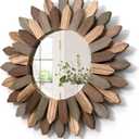 Honiway Boho Wall Decor 12 inch Decorative Mirror with Rustic Wood Sunburst Frame, Perfect for Bedroom, Living Room, Bathroom, Kitchen (Tril Color)