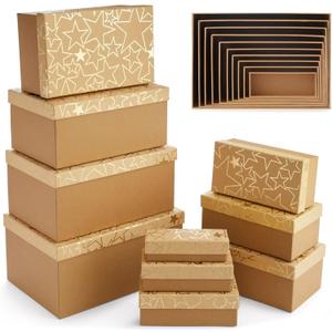 Sparkle and Bash Set of 10 Nesting Gift Boxes with Lids, Cardboard Box with Gold Foil Star Designs (10 Sizes)