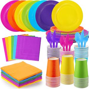 Ziliny 420 Pcs Orange and Pink Paper Plates and Napkins 9 oz Paper Cups Forks Knives Spoons Disposable Tableware for Summer Tropical Theme Birthday Party Supplies, Serves 60
