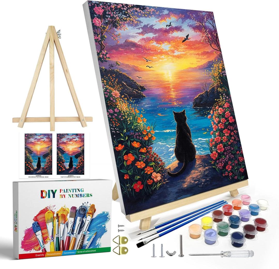 JOOZ Paint by Numbers Kit for Adults with Frame, Black Cat Paint by Number with Easel, DIY Seaside Sunset Flowers Paint by Numbers Landscape for Home Wall Decor 8 x 12 Inch