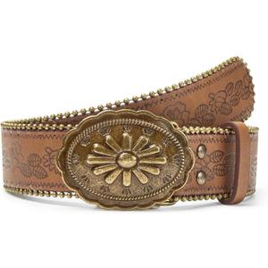 Western Belt for Women Cowgirl Cowboy PU Leather Belts for Jeans, Floral Embossed Vintage Buckle (S Fits Waist 27"-33", Conchobrown)