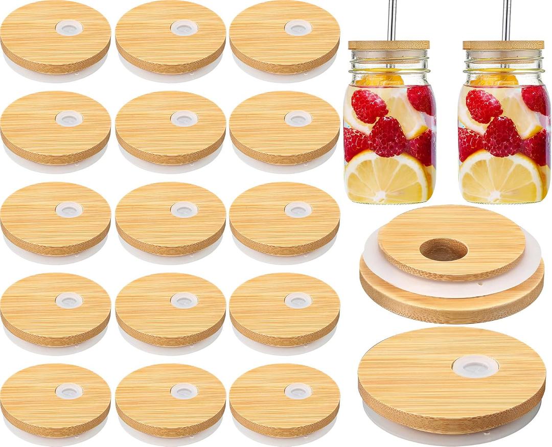 Sieral 70mm Bamboo Jar Lids with Straw Hole for Glass Cups Reusable Wooden Mason Jar Lids for Beer Can Cups, 2.76 Inch Canning cover with Silicone Ring for Regular Mouth Drinking Jars(30 Pcs)