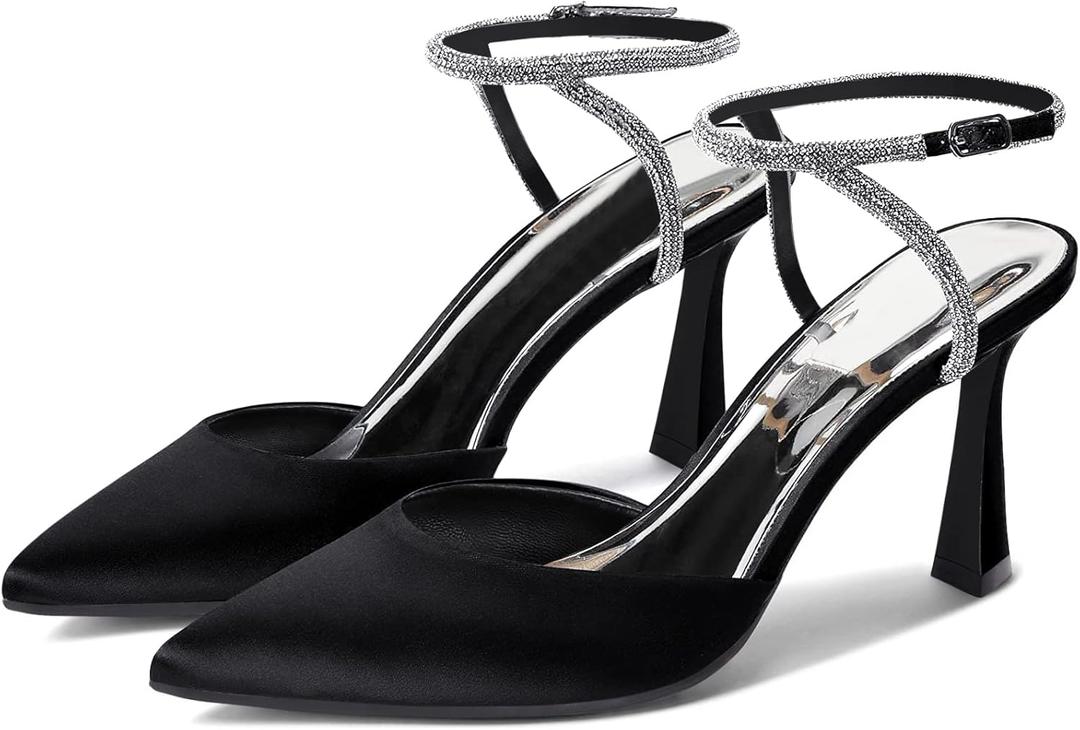 Coutgo Women Rhinestone Heels Kitten High Satin Pumps Pointed Toe Sparkly Sexy Wedding Dress Shoes (8.5, Black)