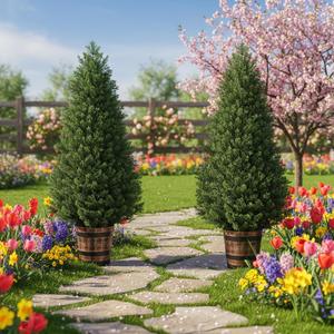Set of 2 Artificial Cedar Topiary Trees - 4FT Faux Pine Shrubs with Barrel Planter, Fake Cypress Evergreen Plants for Home Office Front Door Porch Decor