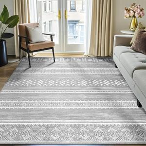 BESTSWEETIE 6x9 Area Rugs for Living Room Washable Moroccan Farmhouse Neutral Geometric Low Pile Non-Slip Soft Print Pattern Rug for Bedroom Kitchen Dining Room Entryway Grey/White