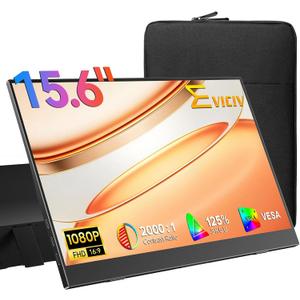 EVICIV Portable Monitor 15.6", 125% sRGB 1080P Laptop Monitor, 350 Nits, 2000:1 Contrast Ultra-Slim Display, USB-C & MINI HDMI, VESA & Case, Travel Second Screen for Computer, Mini PC, Game Consoles