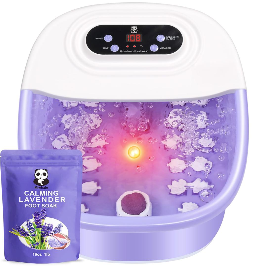 Foot Spa Bath Massager with Heat Bubbles and Vibration Massage and Jets, 16 OZ Calming Lavender Foot Soak Epsom Salt, Miwhale Foot Soaker With Red Light, 22 Massage Rollers, Adjustable Temp -Purple
