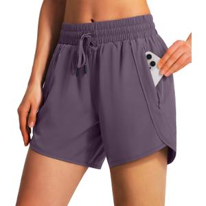 Ksmien Women's 5"/ 7" Athletic Running Shorts Quick Dry Lightweight Workout Gym Shorts with Zipper Pockets UPF 50+ Grey Purple XL