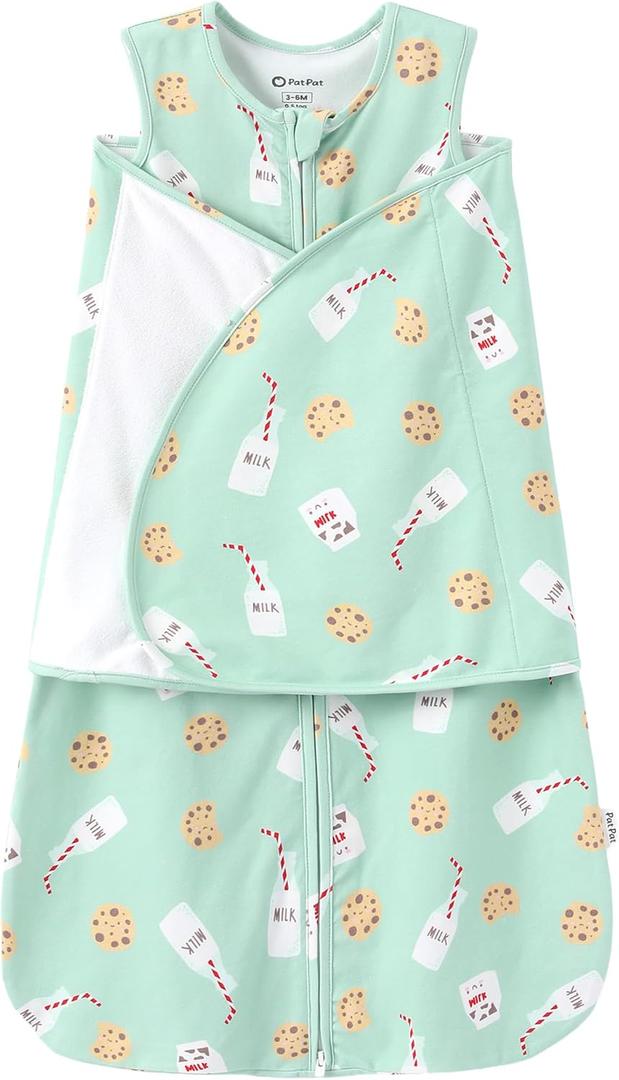 PATPAT Cotton Swaddle for Newborns, Soft Baby Wearable Blanket, Quiet Hook & Loop Closure, Easy Transition Design, 2-Way Zipper for Easy Diaper Changes, 0.5 TOG, Milk & Cookies, 0-3 Months (Green)