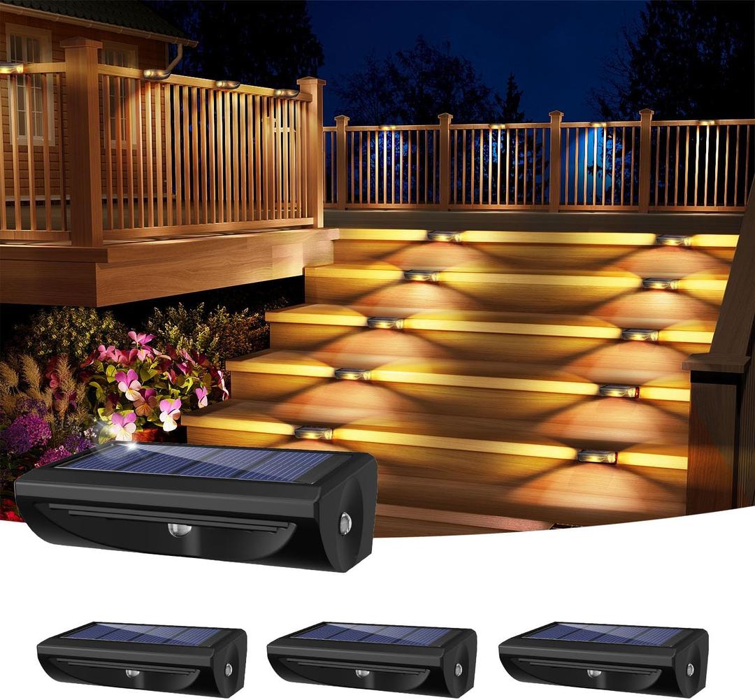 Solar Deck Lights Outdoor 4 Pack, Solar Stair Lights with 3 LED Waterproof IP44 Step Lights for Deck, Stair, Wall, Yard, Balcony, Garden, Patio, Railing Pool, Warm White