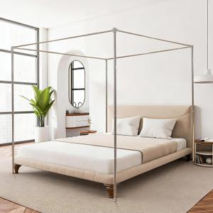 Canopy Bed Frame King Size, Stainless Steel Metal Bed Post Poles, Heavy Duty 4 Poster Floor Bedframe, Freestanding Easy Assemble, 78"W x 78"L