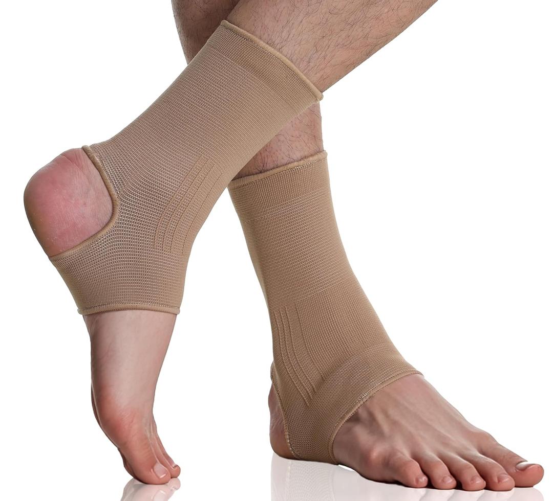 NeoTech Care Ankle Support Sleeve - Open Heel, Light, Elastic & Breathable Knitted Fabric - Medium Compression - For Men, Women, Kids - Right or Left Foot (Beige Color, Size L, 1 Pair)