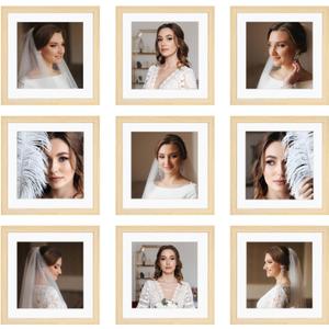 10x10 Picture Frame Set of 9, Display Pictures 8x8 with Mat or 10x10 without Mat, Multi Collage Gallery Square Photo Frames for Wall or Tabletop, Natural Wood