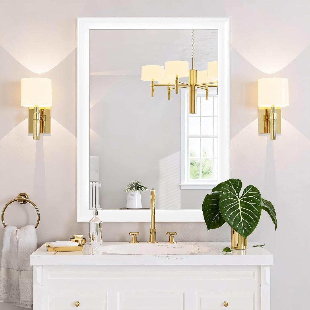 Rectangle Mirrors for Wall 30x40 Inch, White Wood Framed Bathroom Mirror with Tempered Glass,Shatter-Proof Mirror for Bedroom Living Room Office or Hallway (White, 30x40 in)