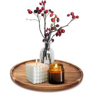 Acacia Round Wood Tray Decorative Serving Trays for Ottoman Coffee Table Candle Holder Tray Kitchen Counter Island Accents Home Decor Circle Circular Wood Centerpiece Trays for Dining Room Table (12")