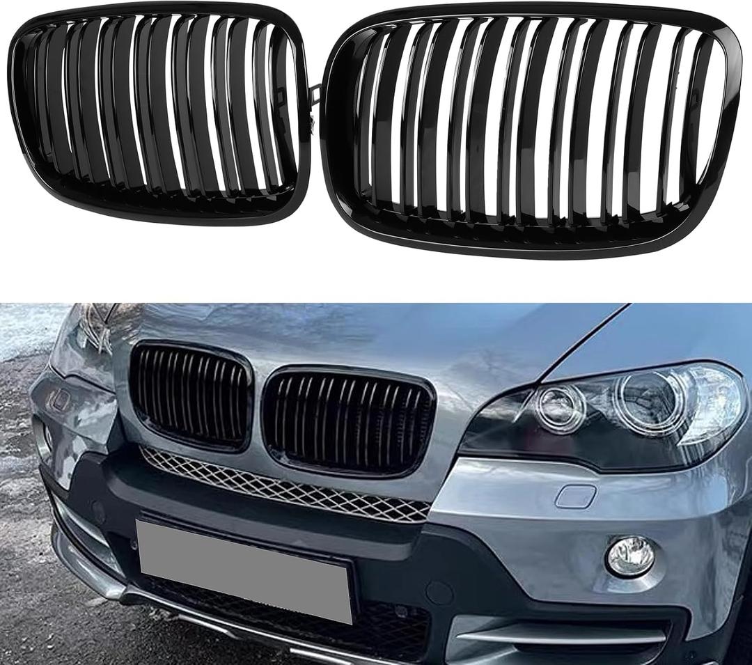 X5 E70 Grill, Front Kidney Grille for 2007-2013 X5 Series E70 2008-2014 X6 Series E71(Double Slats Gloss Black Grills, 2pcs)