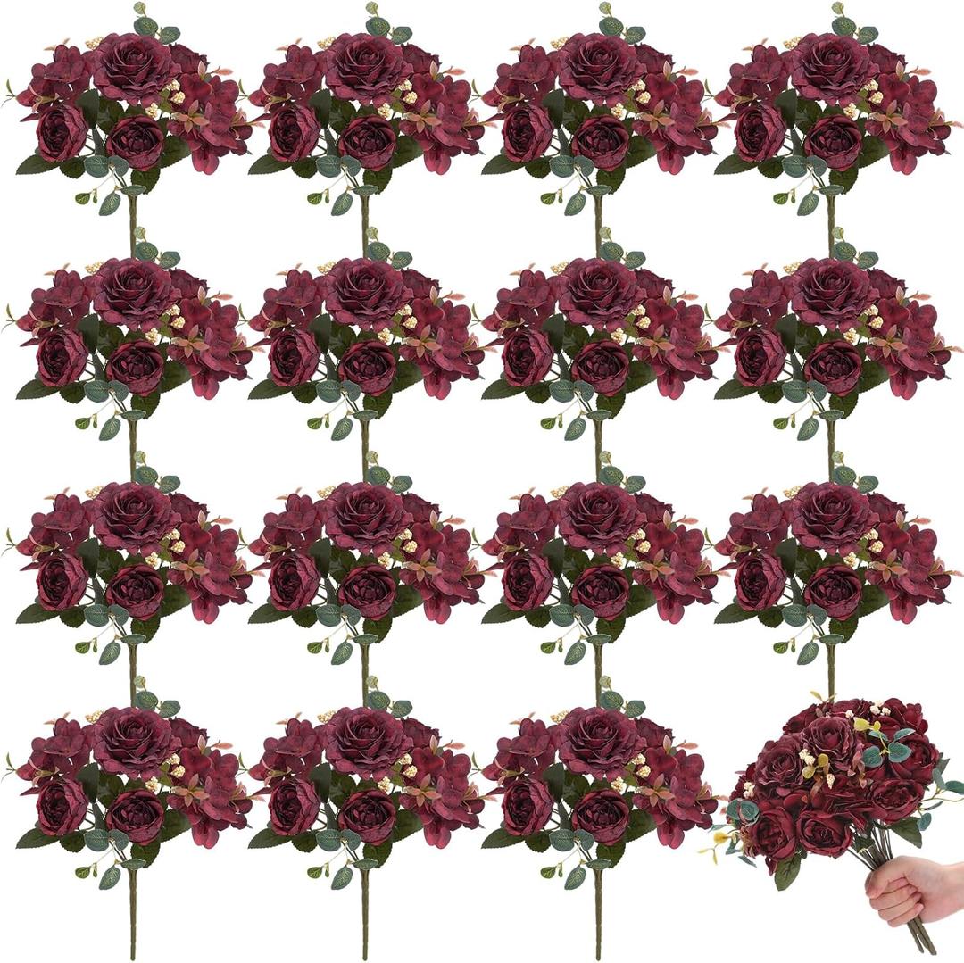 Yunlly 16 Packs Artificial Peony Flowers Faux Peonies Bouquet Silk Vintage Wedding Home Table Door Decor Reusable Bouquet Rose Flowers for Bridal Wedding Birthday Home (Burgundy,Elegant)