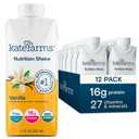 KATE FARMS Organic Nutrition Shake, Vanilla, 16g Protein, 27 Vitamins and Minerals, Meal Replacement Shake, 11 oz (12 Pack) (EXP 03/29/27)