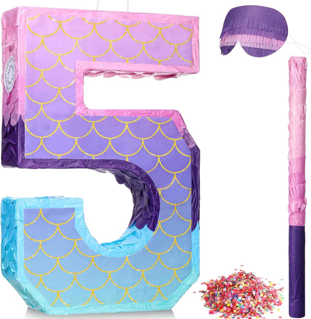Shappy 16 Inch Mermaid Piata Purple Number Birthday Piata Party with Stick Blindfold Confetti for Anniversary Celebration Birthday Decoration Supplies(Number 5)
