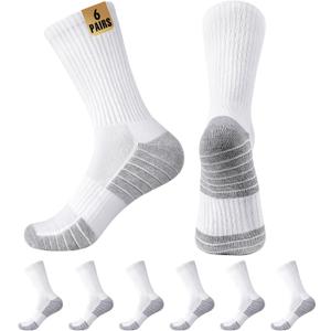 MUQU Mens White Crew Socks - Cushioned Sports Athletic Socks For Walking Hiking Running 6 Pairs (White, M)