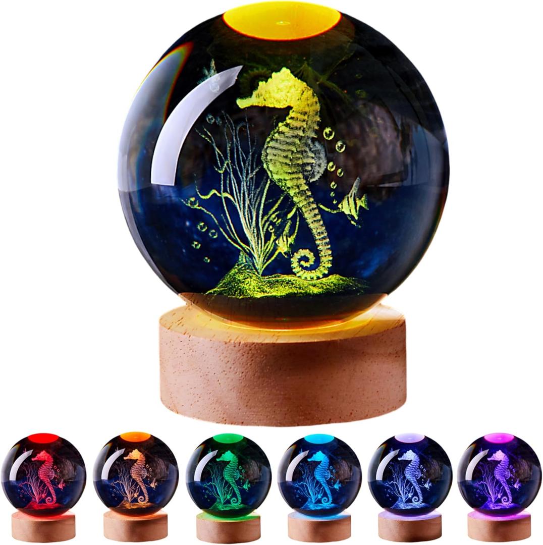 3D Seahorse Crystal Ball Lamp with Remote Control, 3.15 inch Crystal Night Light with Wooden Base 16 Colors Change, Glass Sea horse Figurine Lamp Gift for Girls Boys Wife Girlfriend Mom (Seahorse)