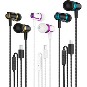 Rayleigh USB C Headphones with Microphone 3 Pack, Wired Earbuds with Heavy Bass, Type C Earphones with Noise Isolating, Compatible with iPad, Android Phones, Fits Most Type C Devices