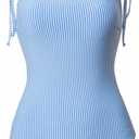 Verdusa Women's Striped One Piece Swimsuit Bow Tie Shoulder Summer Bathing Suit (Blue, XL)