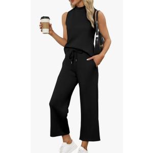 SAMPEEL Two Piece Sets for Women Summer Outfits Lounge Sets Mock Neck Tops Wide Leg Crop Pants Vacation Travel Outfits, XL