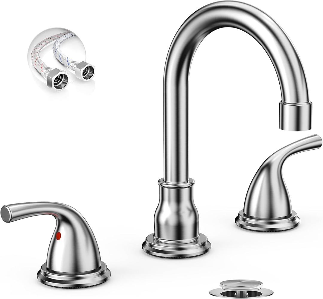 Phiestina Brushed Nickel Retro Vintage 8 Inch 3 Hole Bathroom Sink Faucet, 2 Handle Widespread Faucet with Metal Pop up Drain and Water Supply Lines, BF03065-B11-GBN
