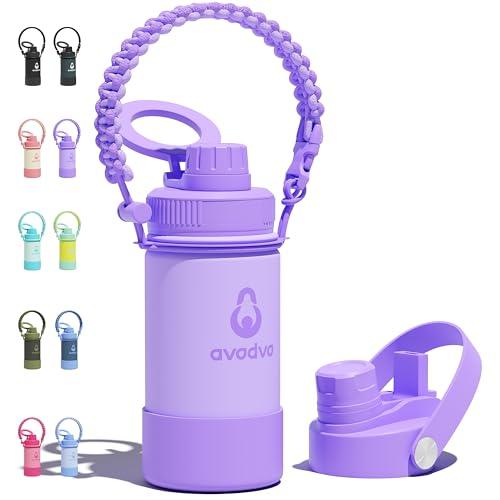 avodvo 12 oz Insulated Water Bottle with 2 Lids (2-in-1 Straw & Spout Lid, Magnetic Lid), Kids Water Bottle with Strap, Kids Stainless Steel Water Bottle for School, PA-Free, Purple