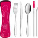 Travel Utensils Set with Case 4 Pack, Reusable Stainless Steel Portable Cutlery (Fork, Spoon, Knife, Straws & Cleaner) for Work, Dorm, Camping, Lunch Box, Compact Durable Silverware by Ecoberi (Pink)