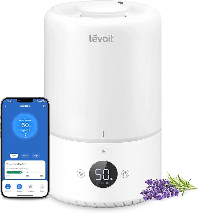 LEVOIT Smart Cool Mist Top Fill Humidifiers for Bedroom with Sensor, Auto Humidity Setting, APP & Voice Control, Essential Oil Diffuser, Ultra Quiet Operation, Super Easy Top Fill, 3L, White
