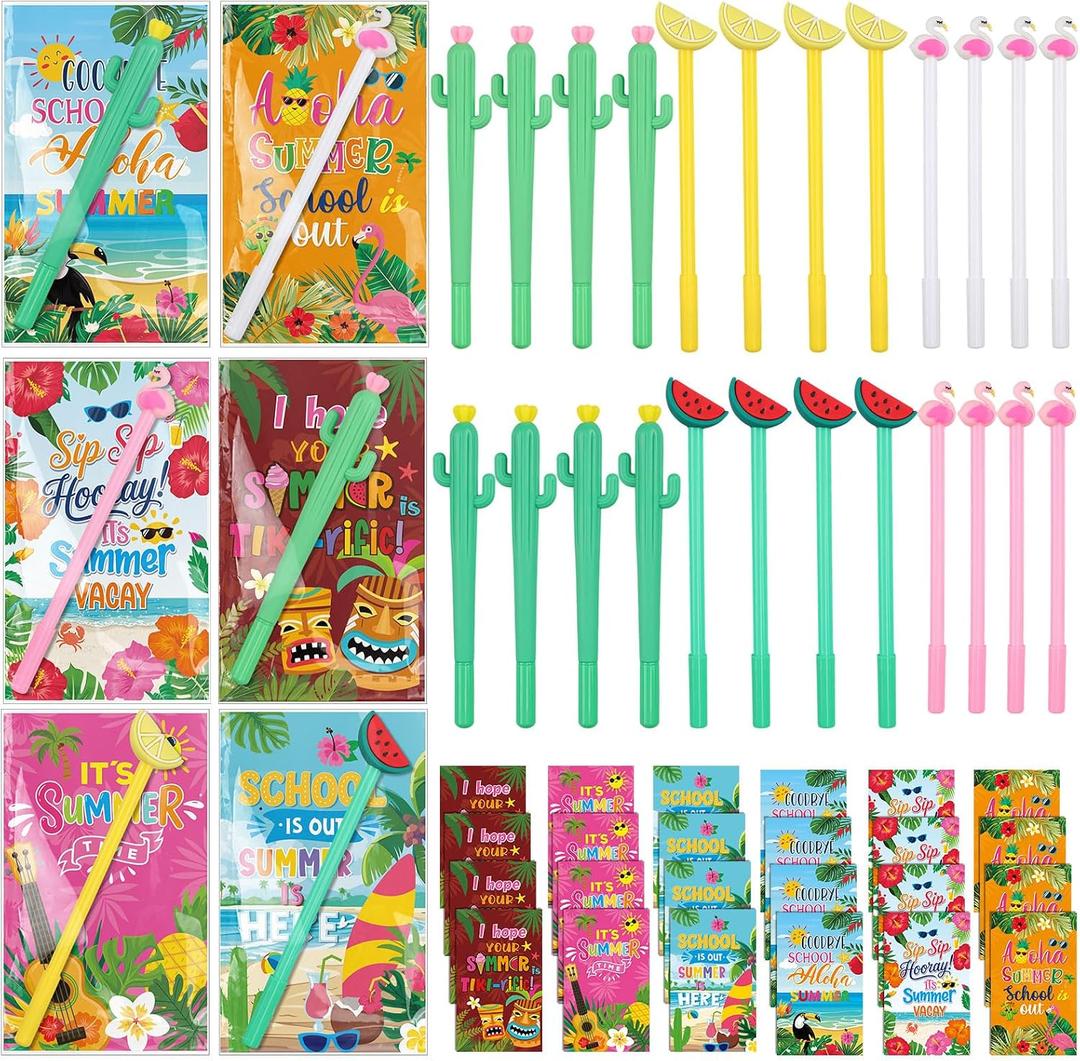 Colarr 30 Sets End of School Year Gifts for Students Bulk Hawaiian Luau Ballpoint Pens Flamingo Watermelon Cactus Lemon Pens with Cards for Summer Aloha Tropical Party Favors Prek Graduation Gifts