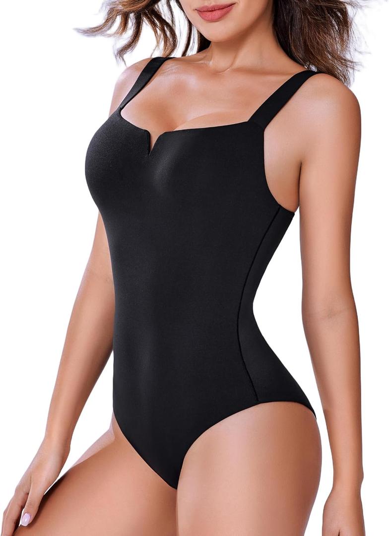 Avidlove Bodysuits for Women Square Neck Shapewear Bodysuit Sleeveless Sexy Body Suits Double Lined Tank Top Outfit (Large, Black)