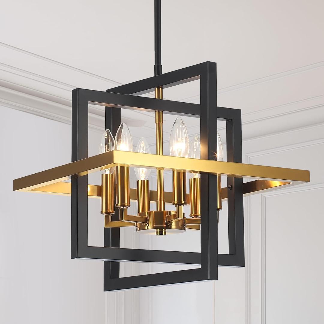 Small Black and Gold Chandelier- 6 Lights Geometric Pendant Light Fixture, Modern Industrial Chandeliers Hanging Lights for Entryway Dining Room Living Room Kitchen Island Hallway Foyer